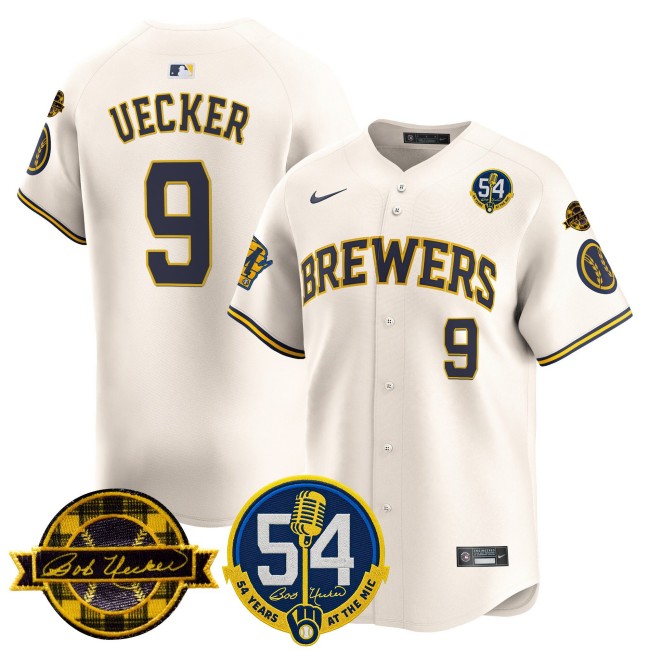Men's Milwaukee Brewers #9 Bob Uecker Cream '54 Seasons for Brewers & Home & Bob Uecker Patch' Vapor Stitched MLB Nike Limited Jersey