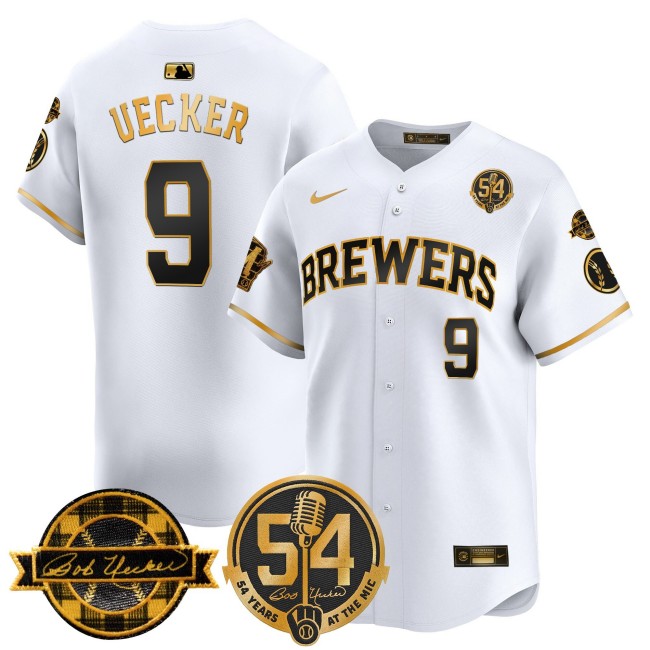 Men's Milwaukee Brewers #9 Bob Uecker White Gold '54 Seasons for Brewers & Home & Bob Uecker Patch' Vapor Stitched MLB Nike Limited Jersey