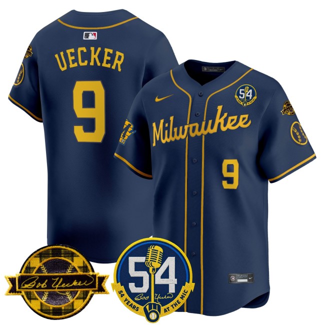 Men's Milwaukee Brewers #9 Bob Uecker Navy '54 Seasons for Brewers & Home & Bob Uecker Patch' Vapor Stitched MLB Nike Limited Jersey