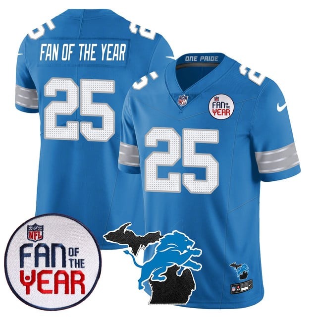 Men's Detroit Lions #25 Fan Of The Year Blue With State Map Patch Vapor Stitched 2025 NFL Nike Limited Jersey