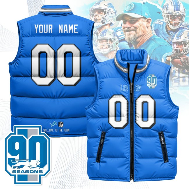 Custom Unisex Detroit Lions 90th Seasons Blue 2025 Puffer Vest - Printed
