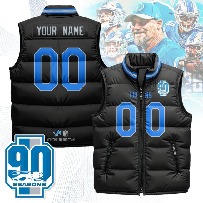 Custom Unisex Detroit Lions 90th Seasons Black 2025 Puffer Vest - Printed