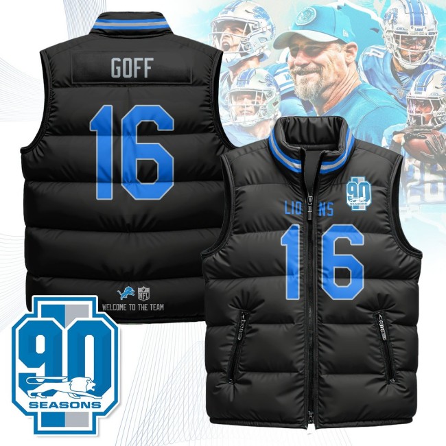 Unisex Detroit Lions #16 Jared Goff Black 90th Seasons 2025 Puffer Vest - Printed
