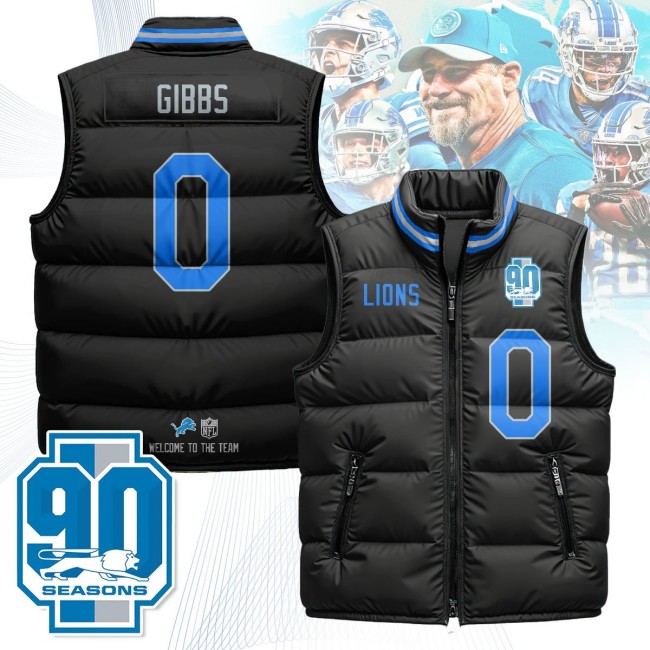 Unisex Detroit Lions #0 Jahmyr Gibbs Black 90th Seasons 2025 Puffer Vest - Printed