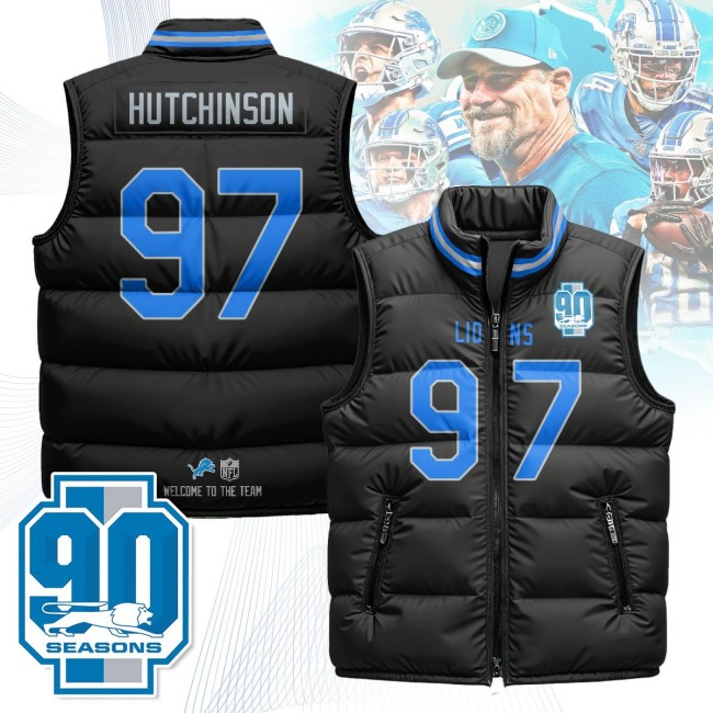 Unisex Detroit Lions #97 Aidan Hutchinson Black 90th Seasons 2025 Puffer Vest - Printed