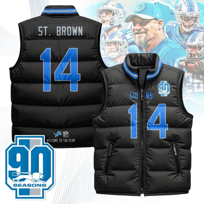 Unisex Detroit Lions #14 Amon-Ra St. Brown Black 90th Seasons 2025 Puffer Vest - Printed
