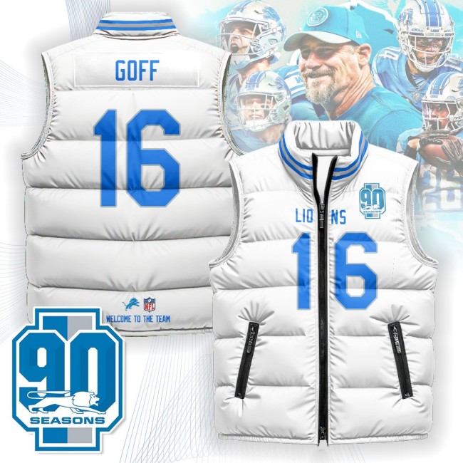 Unisex Detroit Lions #16 Jared Goff White 90th Seasons 2025 Puffer Vest - Printed
