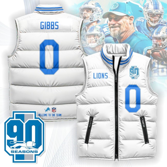 Unisex Detroit Lions #0 Jahmyr Gibbs White 90th Seasons 2025 Puffer Vest - Printed