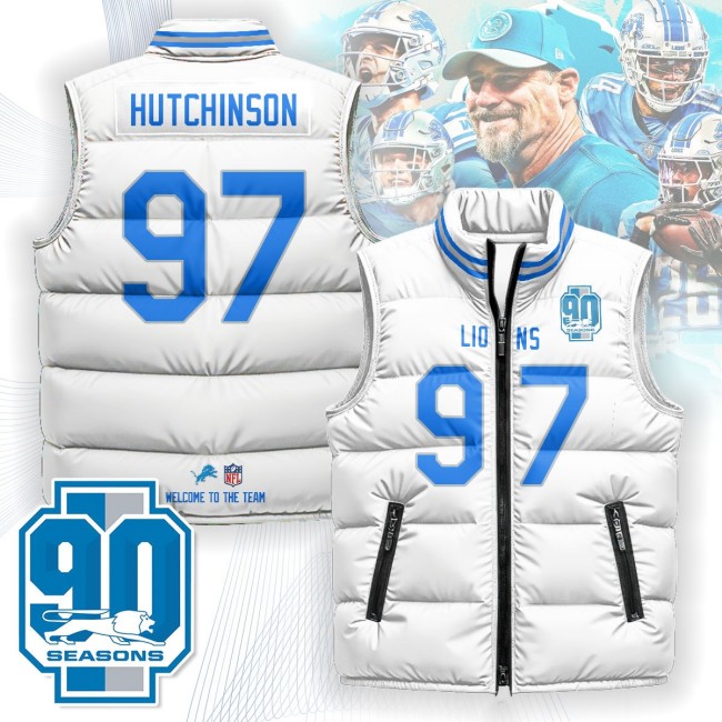 Unisex Detroit Lions #97 Aidan Hutchinson White 90th Seasons 2025 Puffer Vest - Printed