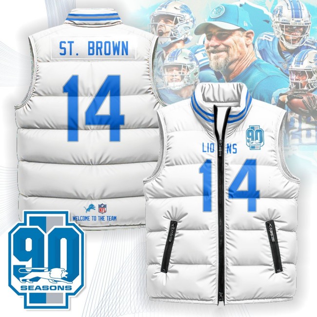 Unisex Detroit Lions #14 Amon-Ra St. Brown White 90th Seasons 2025 Puffer Vest - Printed