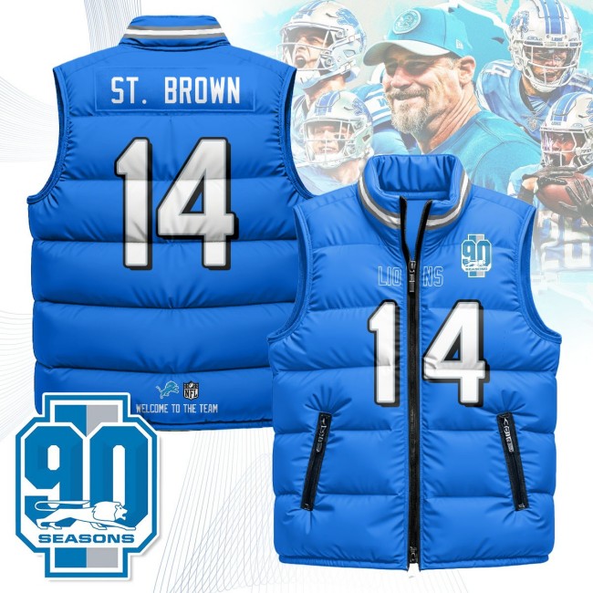 Unisex Detroit Lions #14 Amon-Ra St. Brown Blue 90th Seasons 2025 Puffer Vest - Printed
