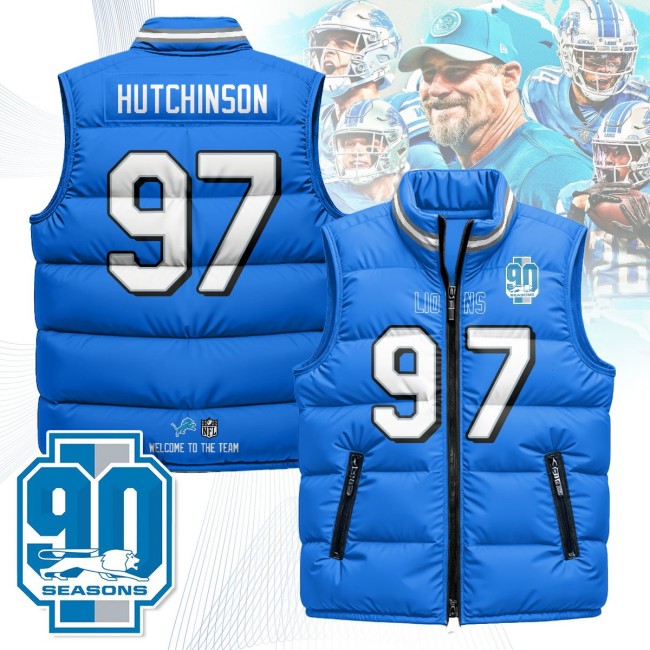 Unisex Detroit Lions #97 Aidan Hutchinson Blue 90th Seasons 2025 Puffer Vest - Printed