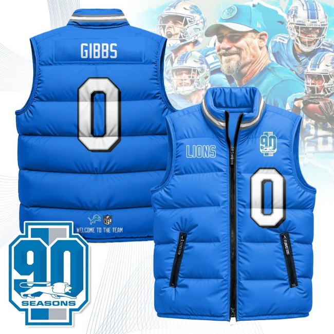 Unisex Detroit Lions #0 Jahmyr Gibbs Blue 90th Seasons 2025 Puffer Vest - Printed
