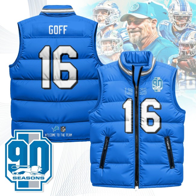 Unisex Detroit Lions #16 Jared Goff Blue 90th Seasons 2025 Puffer Vest - Printed