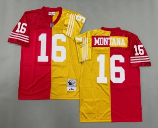 Men's San Francisco 49ers #16 Joe Montana Mitchell & Ness 1990 Throwbacks Authentics Split Scarlet Gold Jersey