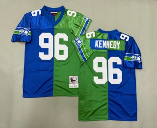 Men's Seattle Seahawks #96 Cortez Kennedy 1993 Throwbacks Authentics Mitchell & Ness NFL Jersey Green Royal Split