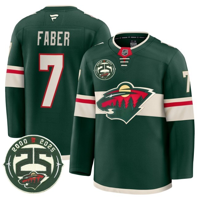 Men's Minnesota Wild #7 Brock Faber 25th Anniversary Patch Home Premium Stitched Jersey - Forest Green