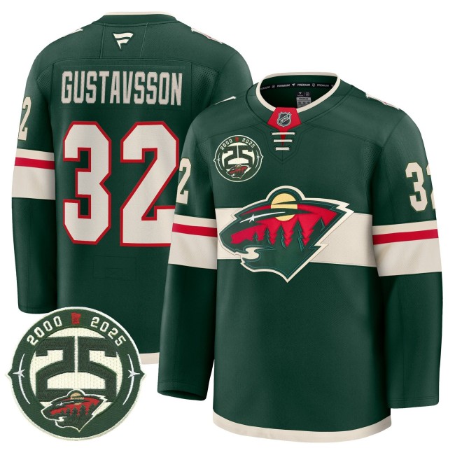 Men's Minnesota Wild #32 Filip Gustavsson 25th Anniversary Patch Home Premium Stitched Jersey - Forest Green