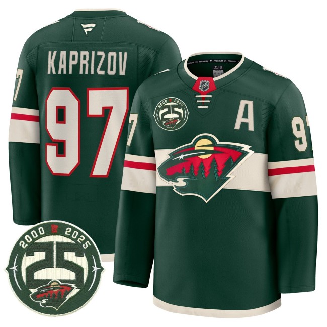 Men's Minnesota Wild #97 Kirill Kaprizov 25th Anniversary Patch Home Premium Stitched Jersey - Forest Green