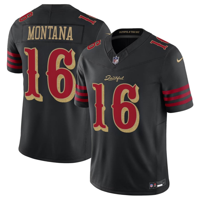 Men's San Francisco 49ers #16 Joe Montana Black 2025 F.U.S.E. 'Rivalries' Vapor Limited Stitched Football Jersey