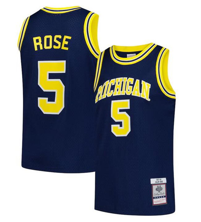 Men's Michigan Wolverines #5 Jalen Rose Navy 1991-92 Stitched Basketball Jersey