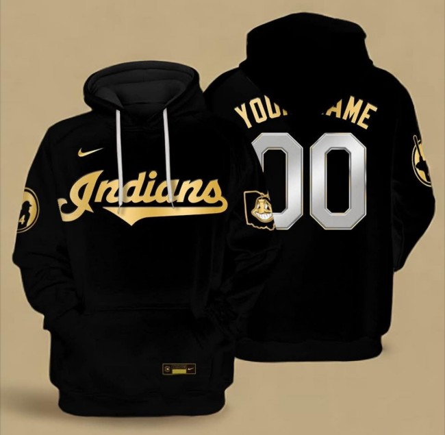 Cleveland Indians Custom Nike 2025 Black Gold Silver Pullover Hoodie - All Stitched