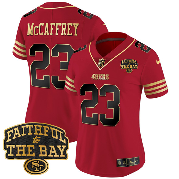 Women's San Francisco 49ers #23 Christian Mccaffrey Red 2025 Faithful To The Bay Patch Limited V8 Stitched Football Jersey
