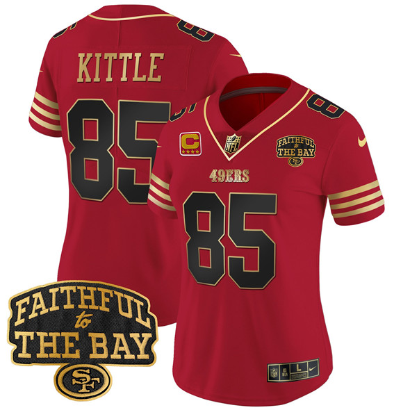 Women's San Francisco 49ers #85 George kittle Red 2025 4-Star C With Faithful To The Bay Patch Limited V8 Stitched Football Jersey