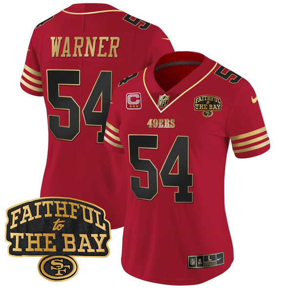 Women's San Francisco 49ers #54 Fred Warner Red 2025 3-Star C With Faithful To The Bay Patch Limited V8 Stitched Football Jersey