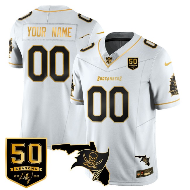 TB Buccaneers Custom White Gold FUSE Vapor Limited Stitched NFL Jersey - 50th Seasons & FL State Map Patch