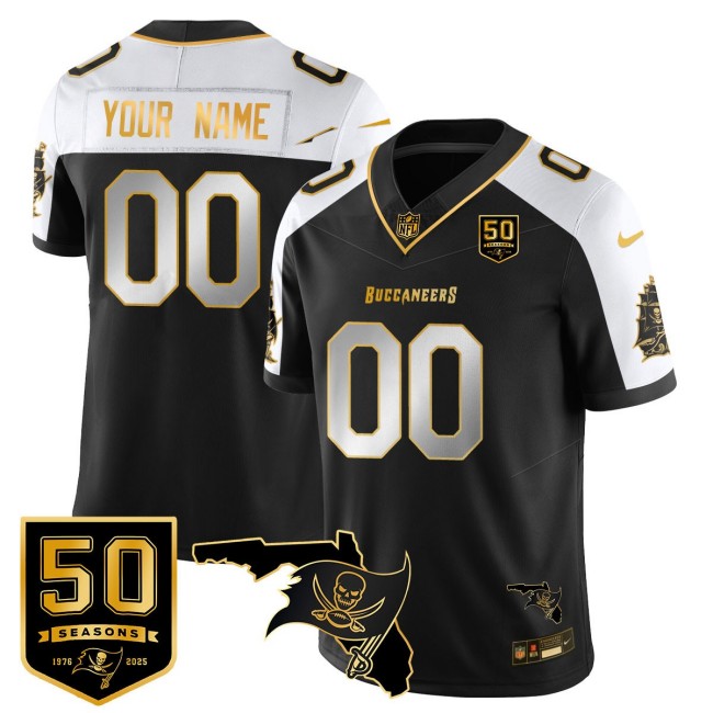 TB Buccaneers Custom Black White Gold FUSE Vapor Limited Stitched NFL Jersey - 50th Seasons & FL State Map Patch