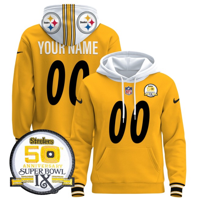 Custom Steelers Nike 2024 NFL Pullover Hoodie Gold - 50th Anniversary Of Super Bowl IX Patch