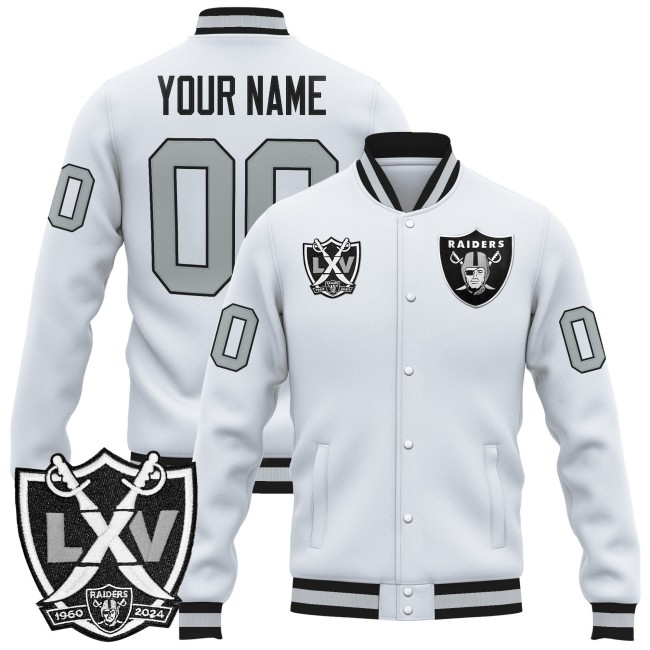Las Vegas Raiders Custom White 2025 65th Anniversary Patch Premium Jacket - All Stitched