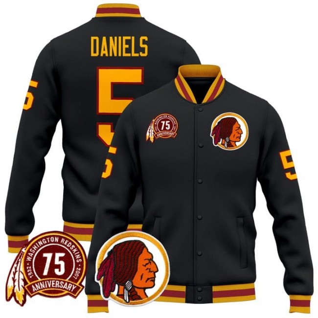 Men's Washington Redskins #5 Jayden Daniels Black 75th Patch Premium Jacket - All Stitched
