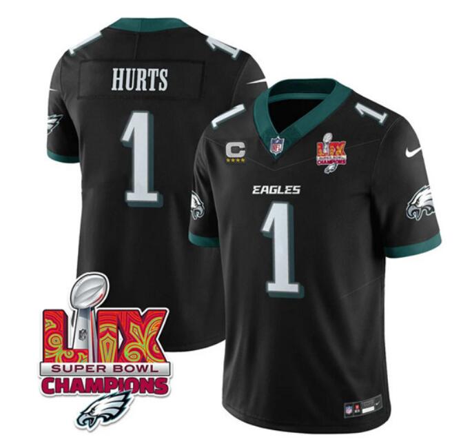Women's Philadelphia Eagles #1 Jalen Hurts Black 2025 Eagles Logo Super Bowl LIX Patch New F.U.S.E. Vapor Untouchable Limited Stitched Football Jersey(Run Small)