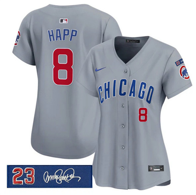 Women's Chicago Cubs #8 lan Happ Gray 'Ryne Sandberg Tribute' Vapor Limited V3 Stitched Baseball Jersey(Run Small)