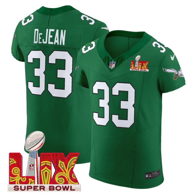 Men's Philadelphia Eagles #33 Cooper DeJean Kelly Green Nike Elite Stitched Jersey - With NFL 59th LIX Super Bowl Patch