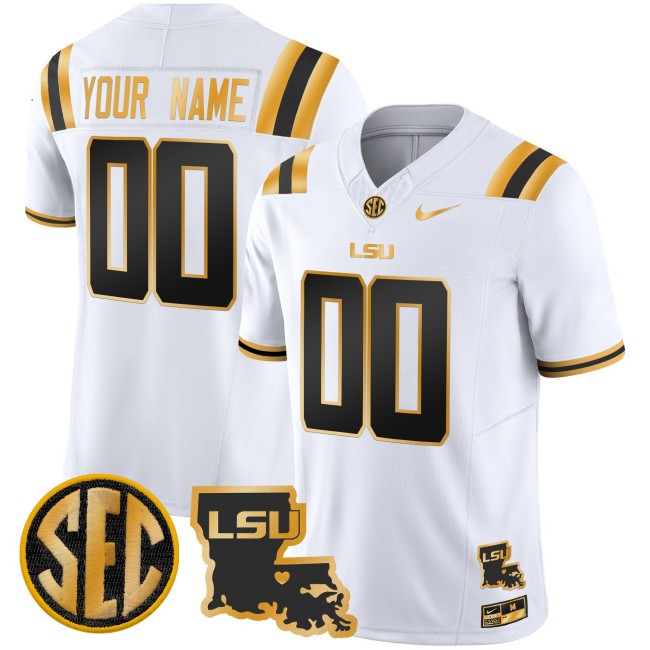 LSU Tigers Custom White Gold 2025 Nike F.U.S.E. Limited Football Jersey LA State Map Patch