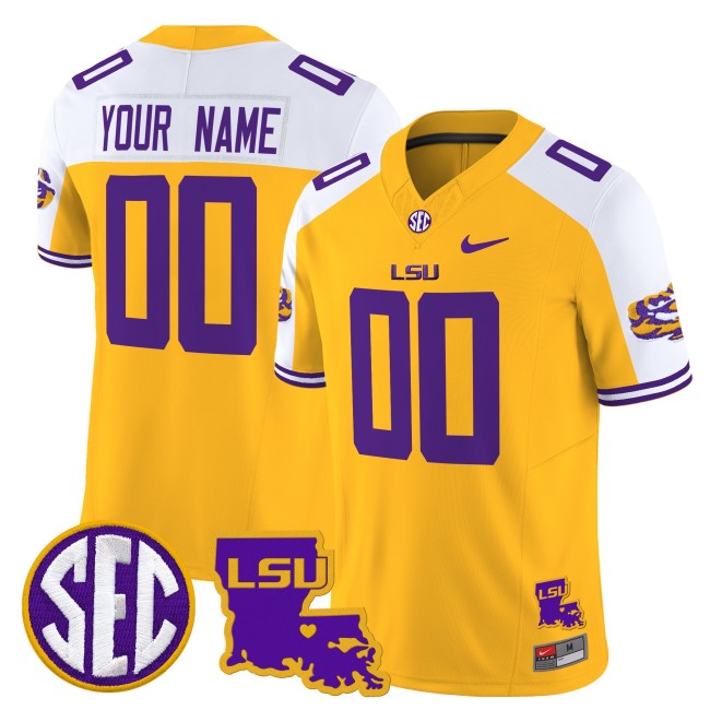 All Gender LSU Tigers Custom Gold White 2025 LA State Map Patch Nike F.U.S.E. Vapor Limited Football Jersey