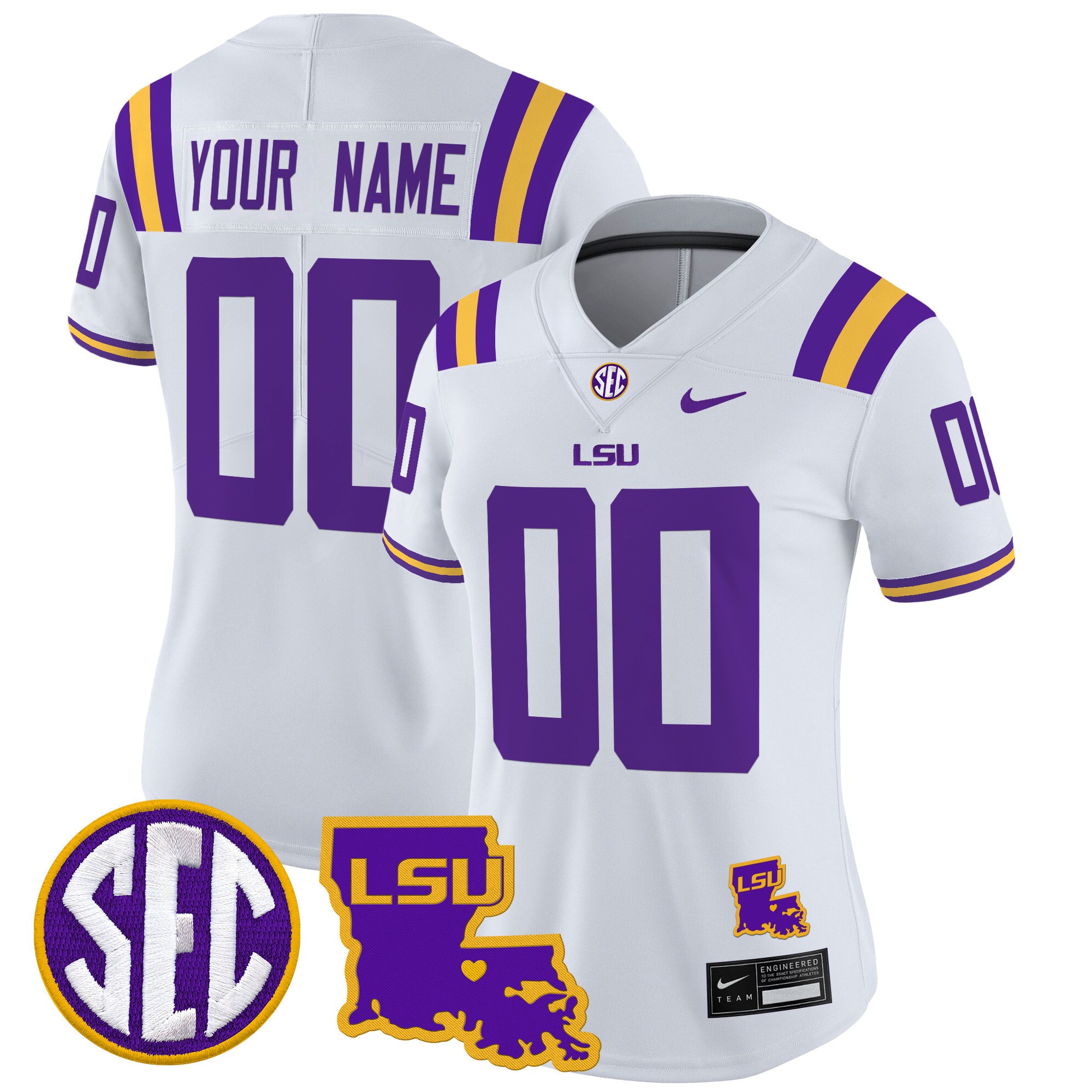 Women's LSU Tigers Custom White 2025 Nike LA State Map Patch Vapor Limited Football Jersey