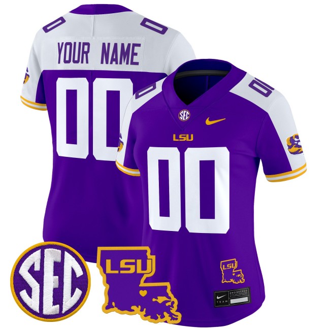 Women's LSU Tigers Custom 2025 Nike LA State Map Patch Vapor Limited Football Jersey Purple Alternate