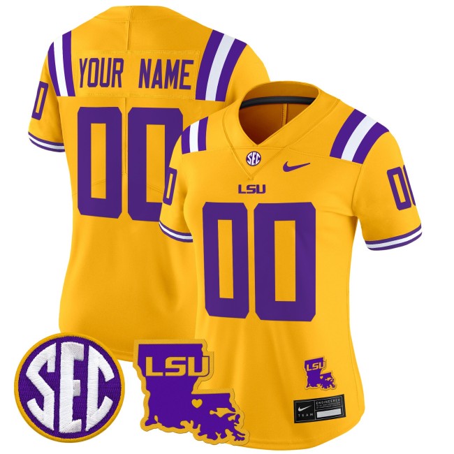 Women's LSU Tigers Custom Gold 2025 Nike LA State Map Patch Vapor Limited Football Jersey