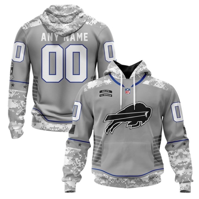 Buffalo Bills Custom Camo Salute Grey 2025 NFL Hoodie - Stitched