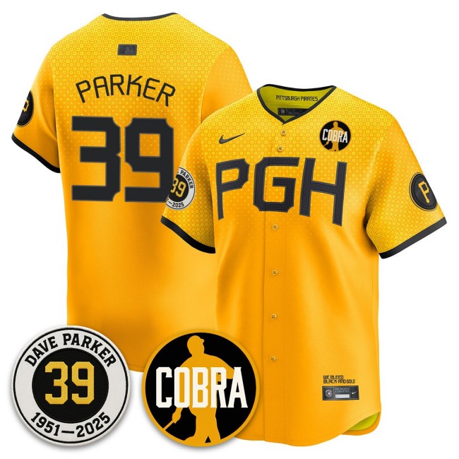 Men's PHG Pirates #39 Memories Dave Parker COBRA Patch Nike Limited Stitched Baseball Jersey - City Connect Gold