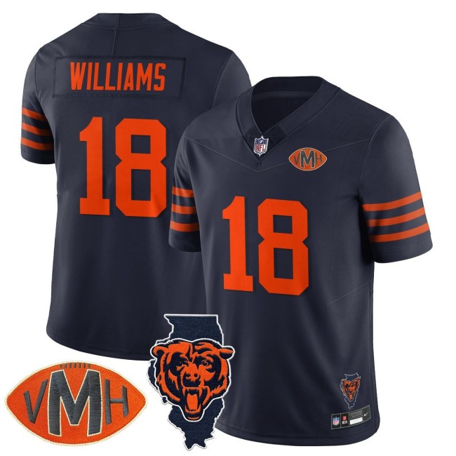 Men's Chicago Bears #18 Caleb Williams Throwback Navy 2025 Nike F.U.S.E. With 'VMH' & Map Patch Stitched NFL Jersey - Virginia McCaskey Memorial Patch