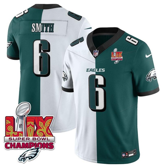Men's Philadelphia Eagles #6 DeVonta Smith White Green Split 2025 Super Bowl LIX Champions Patch F.U.S.E. Vapor Untouchable Limited Stitched Football Jersey