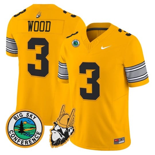 Men's Idaho Vandals #3 Joshua Wood Gold 1975 Throwback Big Sky Conference patch Vapor Limited Stitched Football Jersey