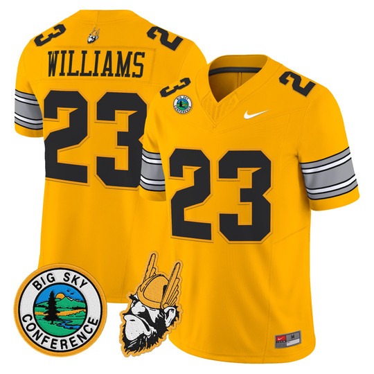 Men's Idaho Vandals #23 Art Williams Gold 1975 Throwback Big Sky Conference patch Vapor Limited Stitched Football Jersey