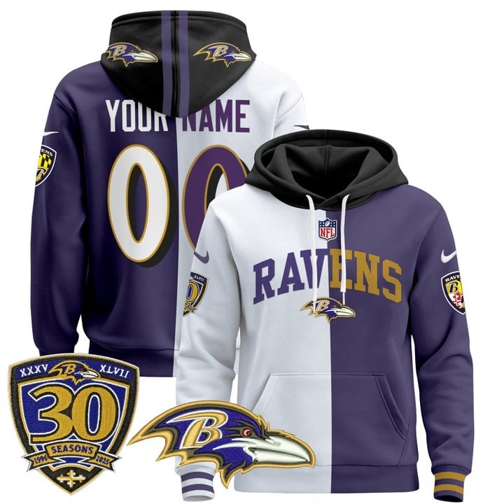 Men's Baltimore Ravens Custom Split 30th Anniversary Patch Stitched Pullover Hoodie