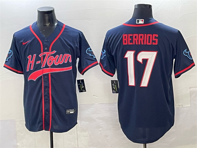 Men's Houston Texans #17 Braxton Berrios Navy With Patch Cool Base Stitched Baseball Jerseys